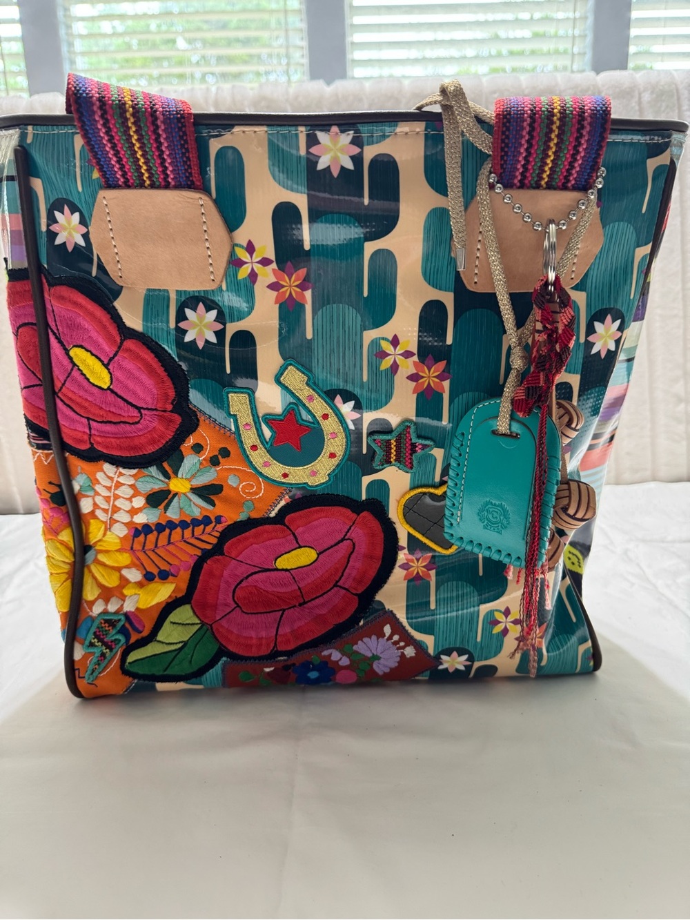Bold Floral Embroidered Tote Bag in Teal and Pink— Consuela Dezi Tote-Like new